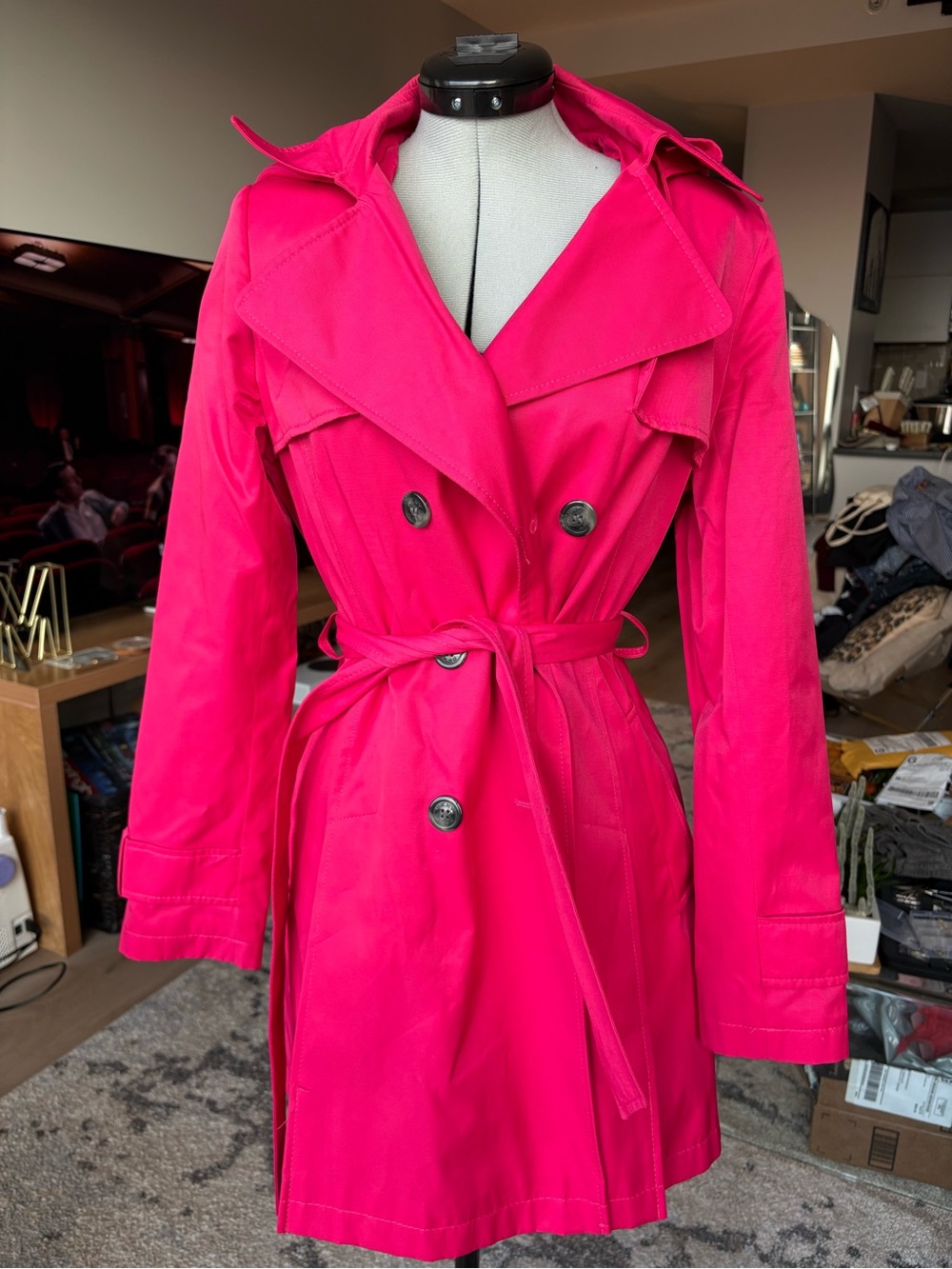 DKNY Hot Pink Double-Breasted Trench Coat with Belt